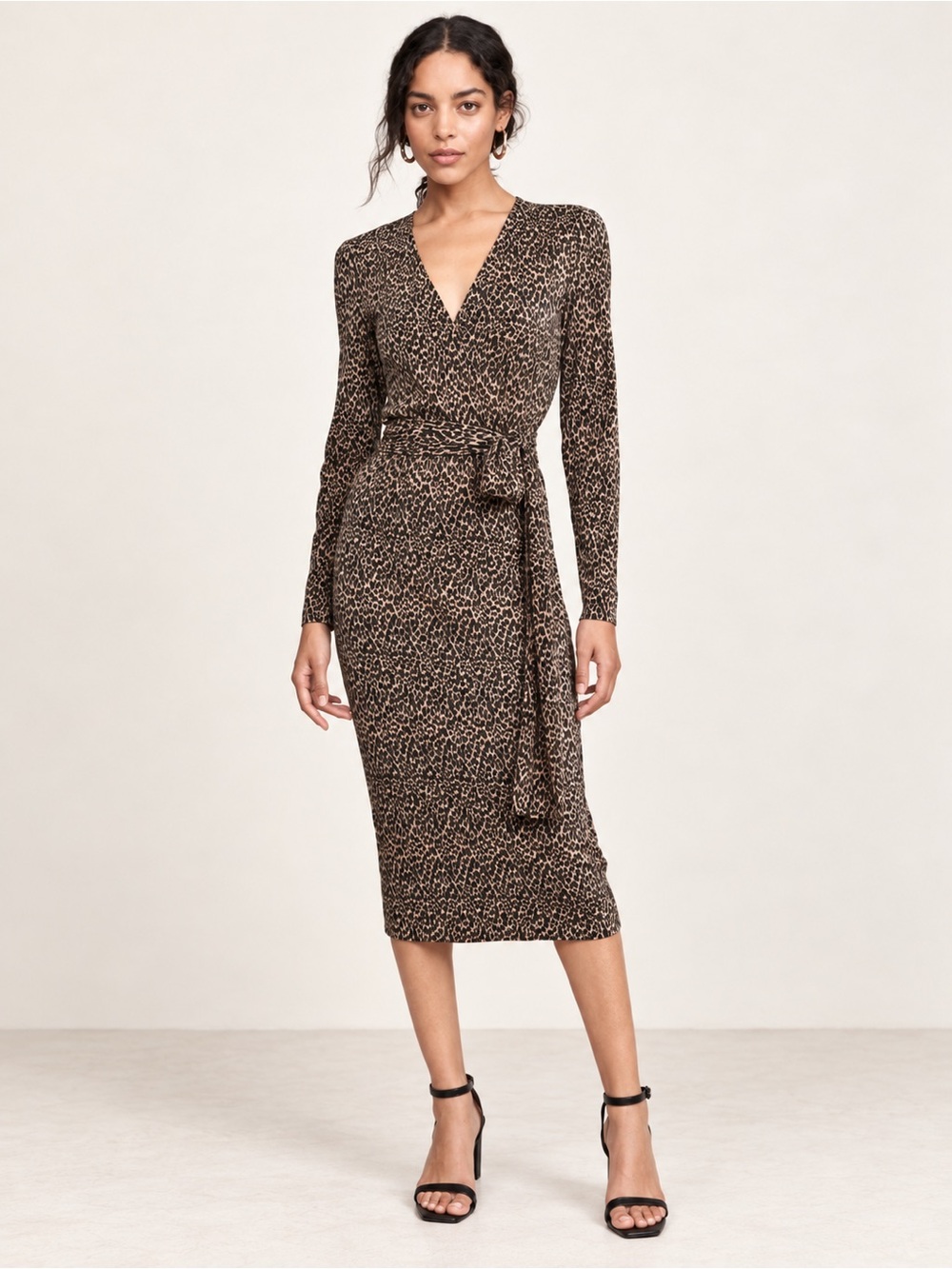 THE FIFTH LABEL Brown Black Long Sleeve Leopard Faux Stretch Wrap Midi Dress
